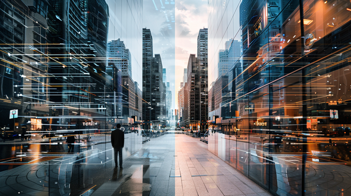 Transformation algorithmique de l'entreprise avec IA et données - Environnement urbain connecté symbolisant l'entreprise algorithmique