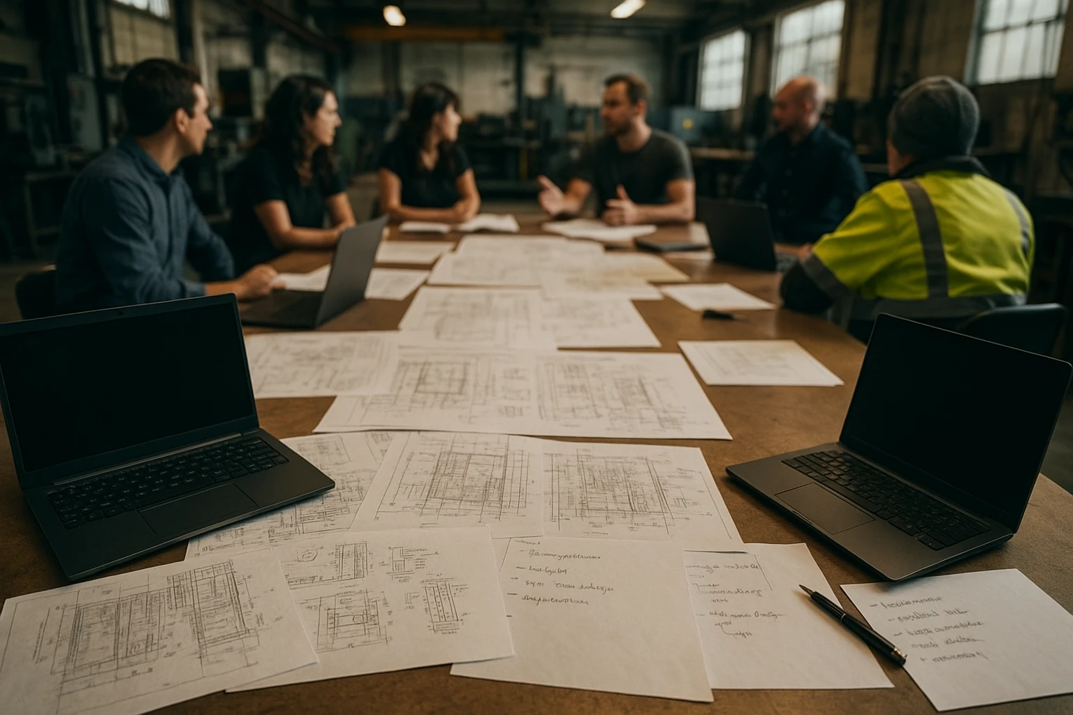 Vue en plongée d'une table de réunion dans un atelier industriel, avec des plans techniques et des notes manuscrites étalés, entourés de collaborateurs en discussion.